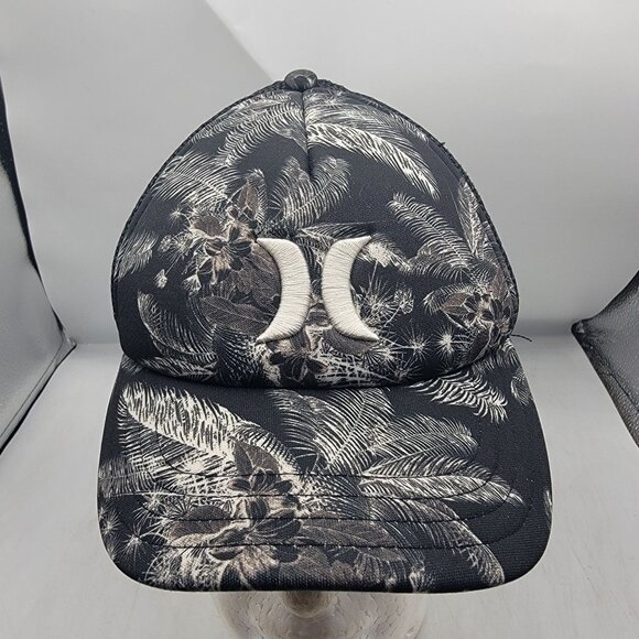 Hurley Palm Tree Print Snapback Trucker Hat Black White Adjustable Cap Casual - Picture 1 of 8
